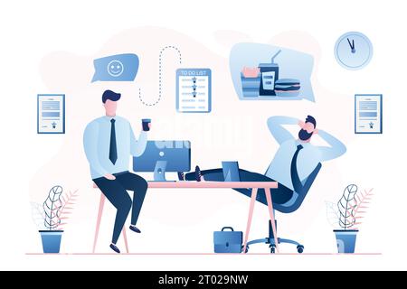 Handsome businessmen or clerks talking on modern workplace. Break time background. Dreams of fast food for lunch. Funny office scene. Male characters Stock Vector
