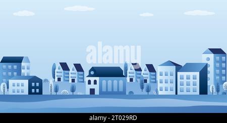 City landscape with buildings, hills and trees. Simple Urban background. Abstract horizontal banner with copy space for text. Trendy style vector illu Stock Vector