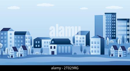 City landscape with buildings, hills and trees. Simple Urban background. Abstract horizontal banner template with copy space for text. Trendy style ve Stock Vector
