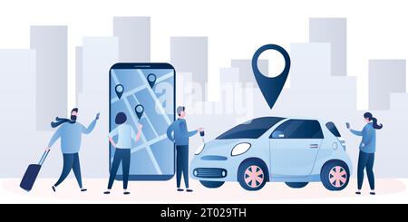 Car sharing service background. Vehicle for a short time. Modern car and smartphone with app. Group of people sharing auto. Urban view on background. Stock Vector
