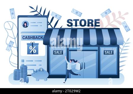 Money cashback concept. Happy woman with shopping bags near storefront, smartphone with bank app on screen. Reward or bank cash back background. Trend Stock Vector