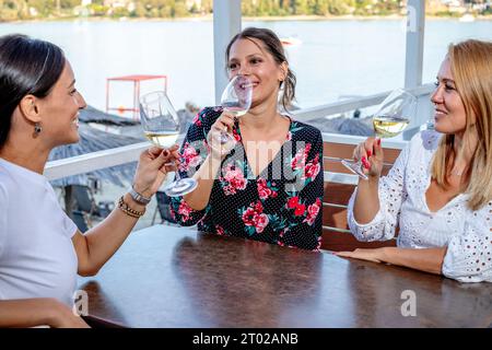 Three cheerful girlfriends sit at a table with a glass of wine drinking, chatting, and laughing on a restaurant terrace by the river. Stock Photo