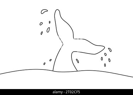 Whale tail above ocean water with many drops around, doodle style flat vector outline illustration for kids coloring book Stock Vector