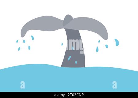 Whale tail above ocean water, many drops around, vector illustration Stock Vector