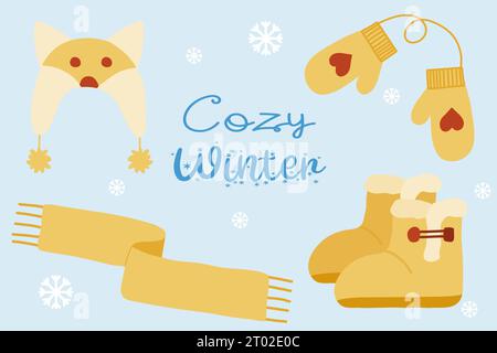 Set of suede slipper boots with fur, cute warm hat, scarf and mittens, warm winter accessory, flat style vector illustration Stock Vector