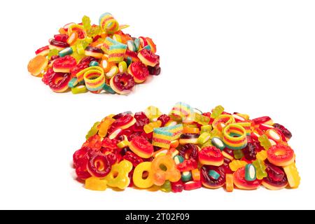 Assorted colorful gummy candies. Top view. Jelly donuts. Jelly bears. Isolated on a white background. Stock Photo