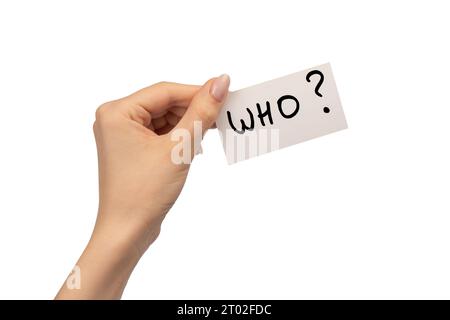 Who text on a card in a woman hand isolated on a white background. Stock Photo