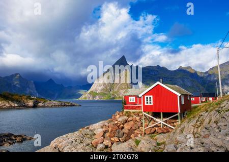 Lofoten fjord with tradional pile houses at the shore Stock Photo