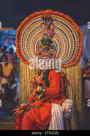 Kerala Folk art form Mudiyettu, Goddess Kali and Darika Fight Stock Photo