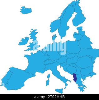 Dark blue CMYK national map of ALBANIA inside simplified blue blank political map of European continent on transparent background using Peters project Stock Vector