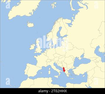 Red CMYK national map of ALBANIA inside detailed beige blank political map of European continent on blue background using Mollweide projection Stock Vector