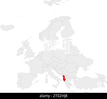Red CMYK national map of ALBANIA inside gray blank political map of European continent on transparent background using Robinson projection Stock Vector