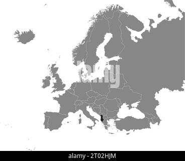 Black CMYK national map of ALBANIA inside detailed gray blank political map of European continent on transparent background using Mercator projection Stock Vector