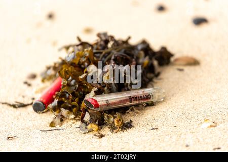 Single use disposable vapes lying discarded on a beach Stock Photo