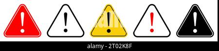 Danger warning icon set. Attention signs in red, yellow, black colors. Vector illustration isolated on white background Stock Vector