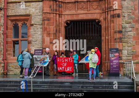 Derry Co Londonderry Northern Ireland, September 27 2023 - Rights Of Nature protesters outside Derry Guildhall Stock Photo