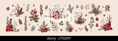 Set of Merry Christmas snd Happy New Year floral decoration. Christmas tree branches, mistletoe, poinsettia flower, eucalyptus in sketch style. Design Stock Vector