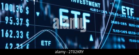 ETF - Exchange Traded Funds ETF - Exchange Traded Funds stock market and exchange. Business trading investment funds profit strategy. 3D illustration stock market130 etf banner large Stock Photo