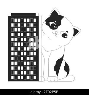 Cute gigantic cat peeking out from behind building black and white 2D line cartoon character Stock Vector