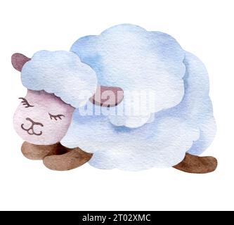 Set of watercolor illustrations of cartoon sheep. Fluffy animals on a white background, hand drawn. Stock Photo