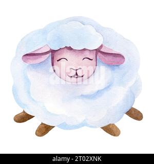 Set of watercolor illustrations of cartoon sheep. Fluffy animals on a white background, hand drawn. Stock Photo