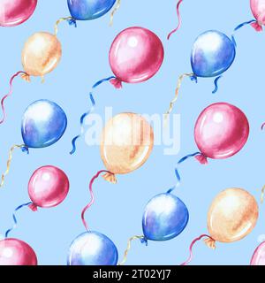 Seamless pattern with festive colorful balloons. On a blue background. Handmade watercolor illustration. For packaging paper, textiles, greeting cards Stock Photo