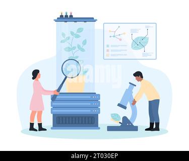 Agriculture and biotechnology lab research by scientists vector illustration. Cartoon tiny people with magnifying glass and microscope test organic green plant growth inside futuristic biotech flask Stock Vector