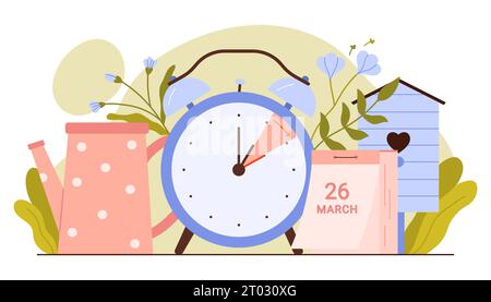 Spring forward 2024, daylight saving time begins vector illustration. Cartoon alarm clock and spring garden flowers, beehive and watering can, vintage reminder calendar to change clock ahead hour Stock Vector