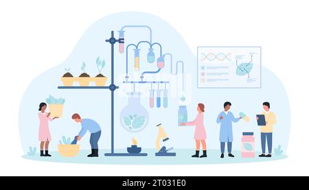 Naturopathy vector illustration. Cartoon tiny doctors make naturopathic healing pills from natural plants and flowers, people grow herbal ingredients for holistic medicine, supplement and medication Stock Vector