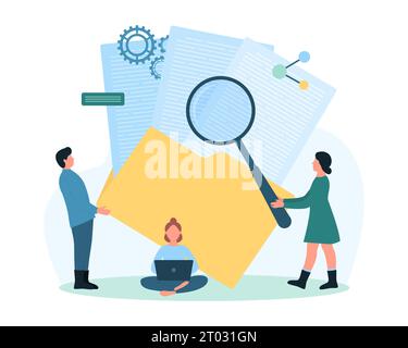 Digital data management vector illustration. Cartoon tiny people magnify stack of paper documents with magnifying glass, organize information and search files in folder, directory or archive database Stock Vector