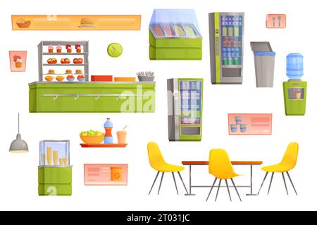 School canteen, cafeteria or cafe interior set vector illustration. Cartoon isolated university campus buffet with food on shelves, counter with snacks and cakes, table and chairs, vending machine Stock Vector