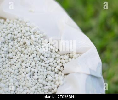 Chemical fertilizer for garden plants and lawns. Garden maintenance concept. Stock Photo