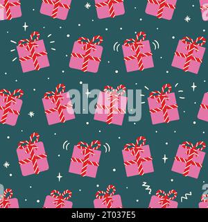 Christmas gift boxes vector pattern in retro style. Seamless background with gift boxes with bows. . Vector illustration Stock Vector