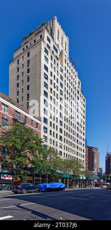 Emery Roth designed 300 West 23rd Street with minimal Art Deco decoration; the building was under repair at the time of this photo (1 Oct 2023). Stock Photo