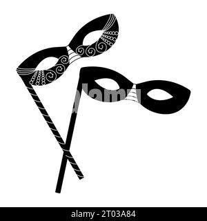 Two black and white masquerade masks on sticks, vector illustration for Mardi Gras and Purim Stock Vector