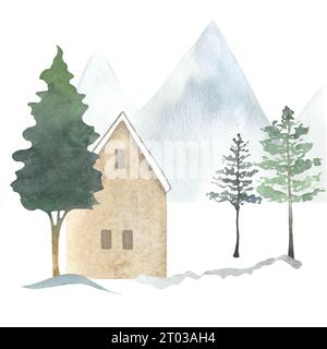 illustration with winter theme, new year picture, christmas card, painted in watercolor in scandinavian style Stock Photo