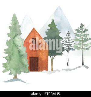 illustration with winter theme, new year picture, christmas card, painted in watercolor in scandinavian style Stock Photo