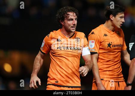 Ipswich, UK. 03rd Oct, 2023. Hull City's Lewis Coyle is injured during the Ipswich Town FC v Hull City FC sky bet EFL Championship match at Portman Road, Ipswich, United Kingdom on 3 October 2023 Credit: Every Second Media/Alamy Live News Stock Photo