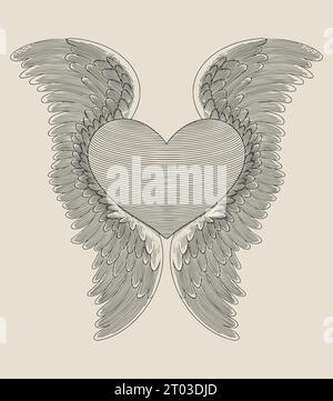 heart with angel wings. vintage engraving drawing vector illustration Stock Vector