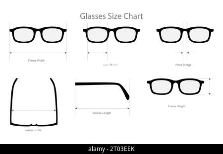 Set of Glasses Size Chart measurement Eye frame fashion medical accessory illustration. Sunglass silhouette style, flat rim spectacles eyeglasses sketch style outline isolated on white background Stock Vector