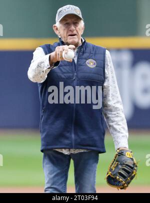 Milwaukee Brewers Hall of Fame Bob Uecker talks president of business  operations Rick Schlesinger at a ribbon at a ceremony for the team's  refurbished spring training baseball facility Tuesday, Feb. 12, 2019