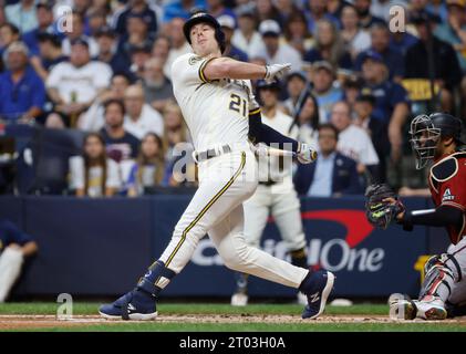 Milwaukee Brewers left fielder Mark Canha bats during an MLB game