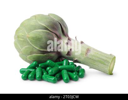 Fresh artichoke and pills isolated on white Stock Photo