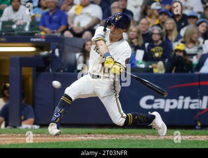 Milwaukee, United States. 03rd Oct, 2023. Milwaukee Brewers center fielder Sal Frelick hits a slow rolling ball for an infield single in the third inning against the Arizona Diamondbacks in game one of an MLB National League Wild Card game at American Family Field in Milwaukee, Wisconsin on Tuesday, October 3, 2023. Photo by Tannen Maury/UPI Credit: UPI/Alamy Live News Stock Photo