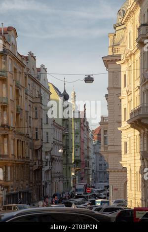 Prague, CZ - 27 October 2021: on Street in Prague. Transportation and  architecture. Editorial Stock Photo