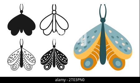 Moth bohemian exotic retro set. Mystical stylized butterfly symbol insect wings with ornament. Colored, silhouette or symbol doodle tattoo, line ornate celestial moth. Vintage decoration ornate vector Stock Vector