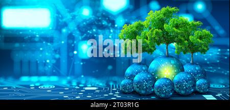 Tree growing on Circuit digital ball. Digital Convergence and Technology Convergence. Blue light and Wireframe network background. Green Computing, Gr Stock Photo