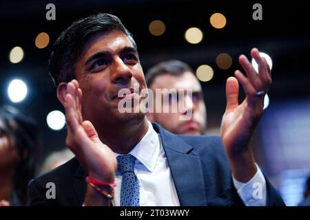 Manchester, UK. 4th Oct, 2023. British Prime Minister Rishi Sunak attends the Conservative Party's annual conference in Manchester, Britain, Oct. 2, 2023. The Conservative Party's annual conference is held from Oct. 1 to 4. in Manchester. Credit: Xinhua/Alamy Live News Stock Photo