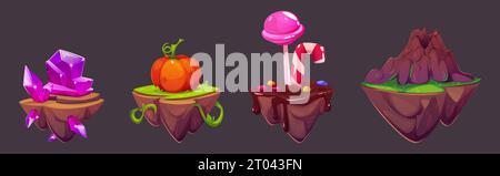 Game floating islands with glossy violet gemstone clusters, ripe pumpkin on grass, sweet candies on chocolate surface and sleeping volcano rocky mountain. Cartoon flying gui ground platform for jump. Stock Vector