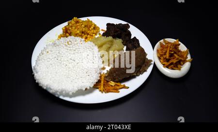 Navratri Upwas Thali, Indian Fasting Recipes, Maha Shivratri, Ekadasi, Chaturthi or Gauri vrat. Indian Fasting Gujarati Upwas Fast diet items Stock Photo